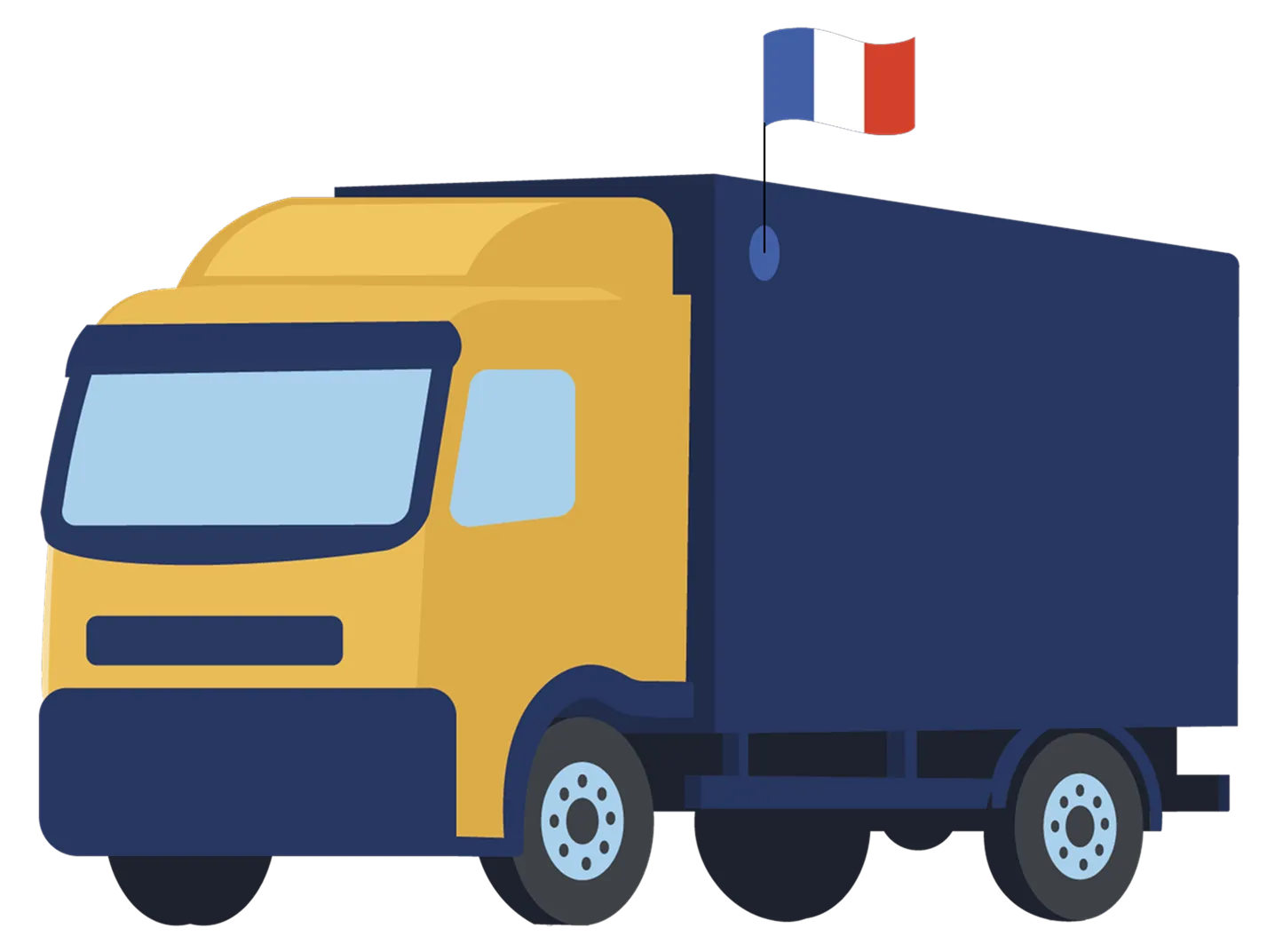 Illustration d'un camion jaune et bleu avec un drapeau français