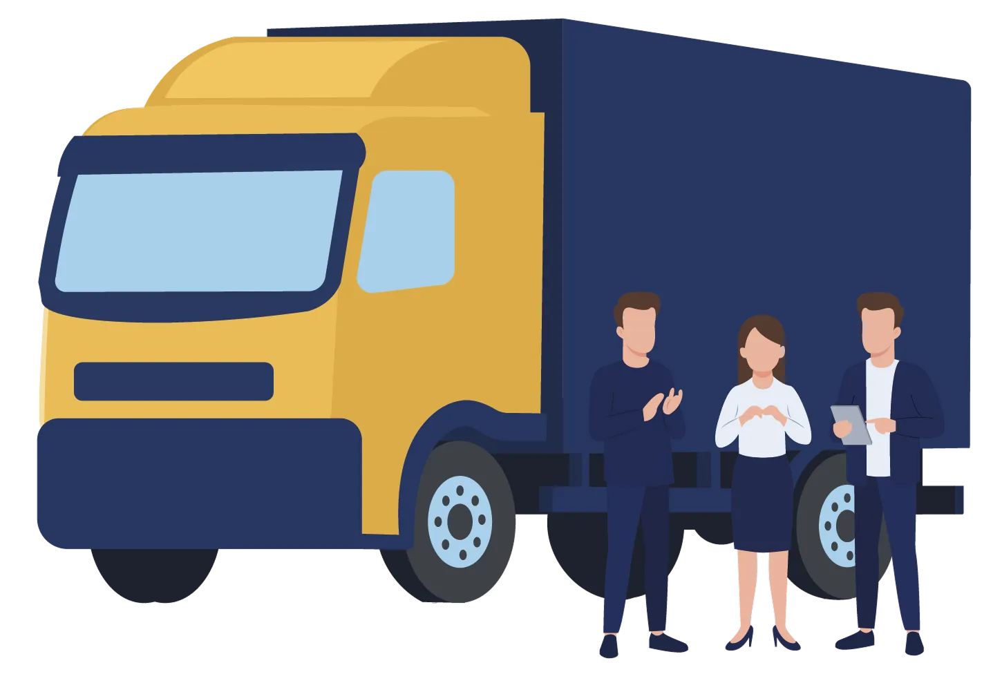 Illustration d'un camion jaune et bleu avec trois personnes devant