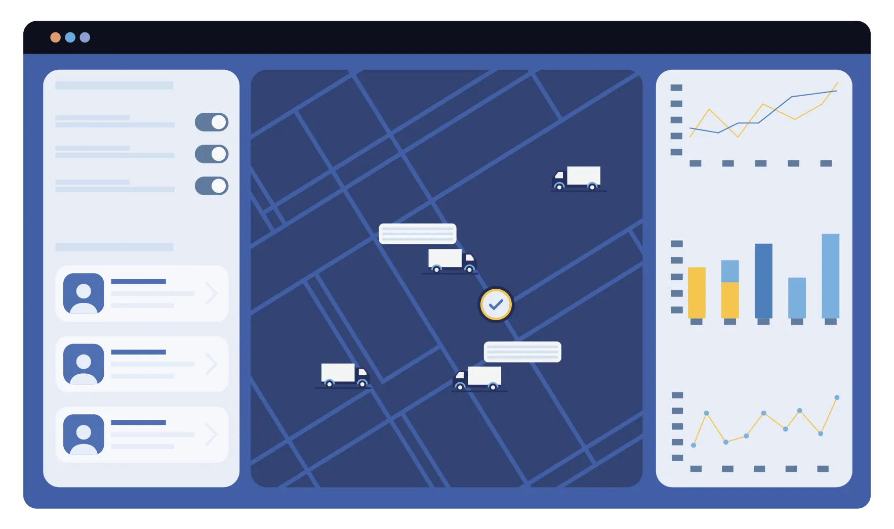 Illustration d'un écran de GPS avec différents camions sur une carte