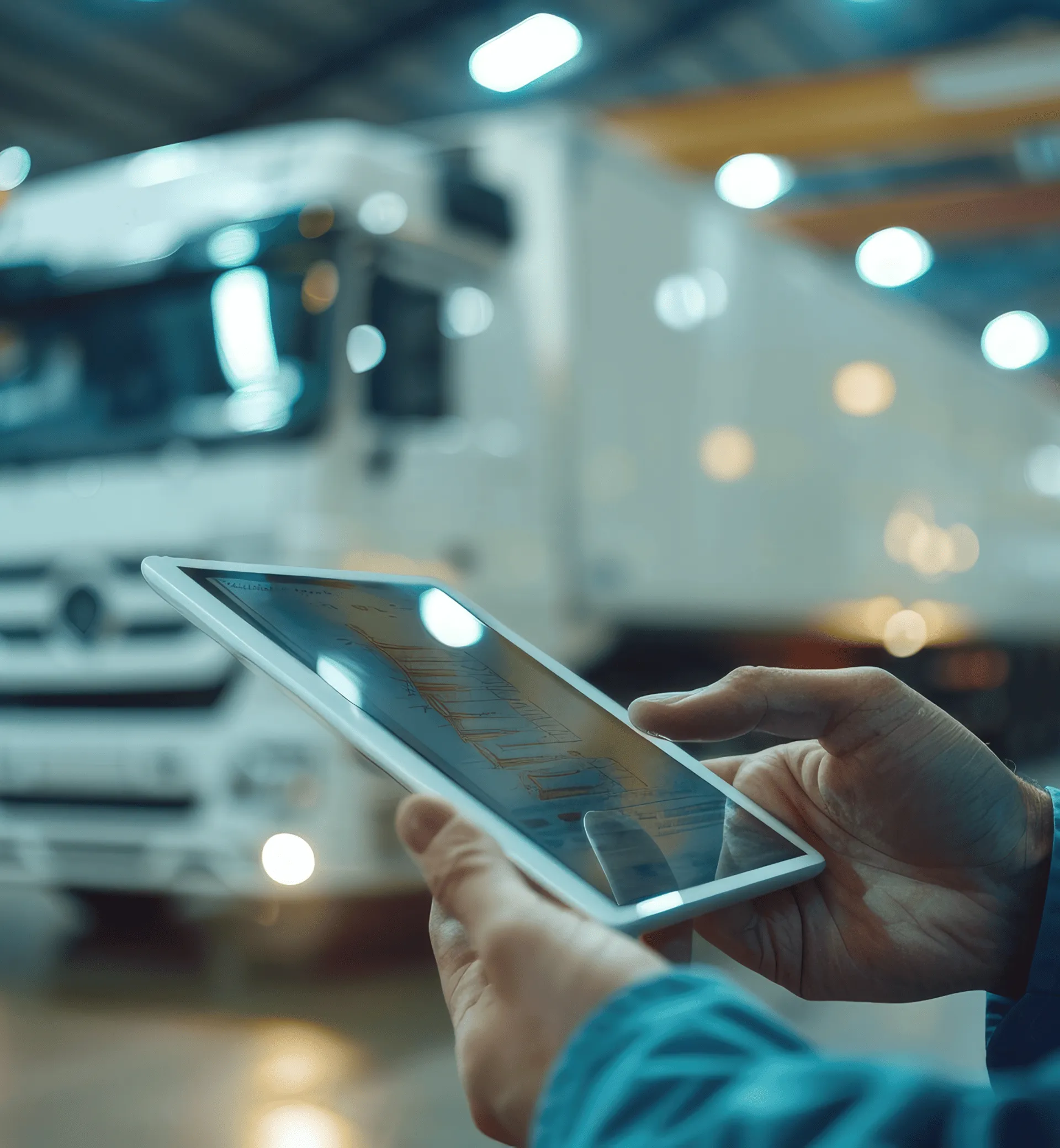Personne sur une tablette avec un camion en fond