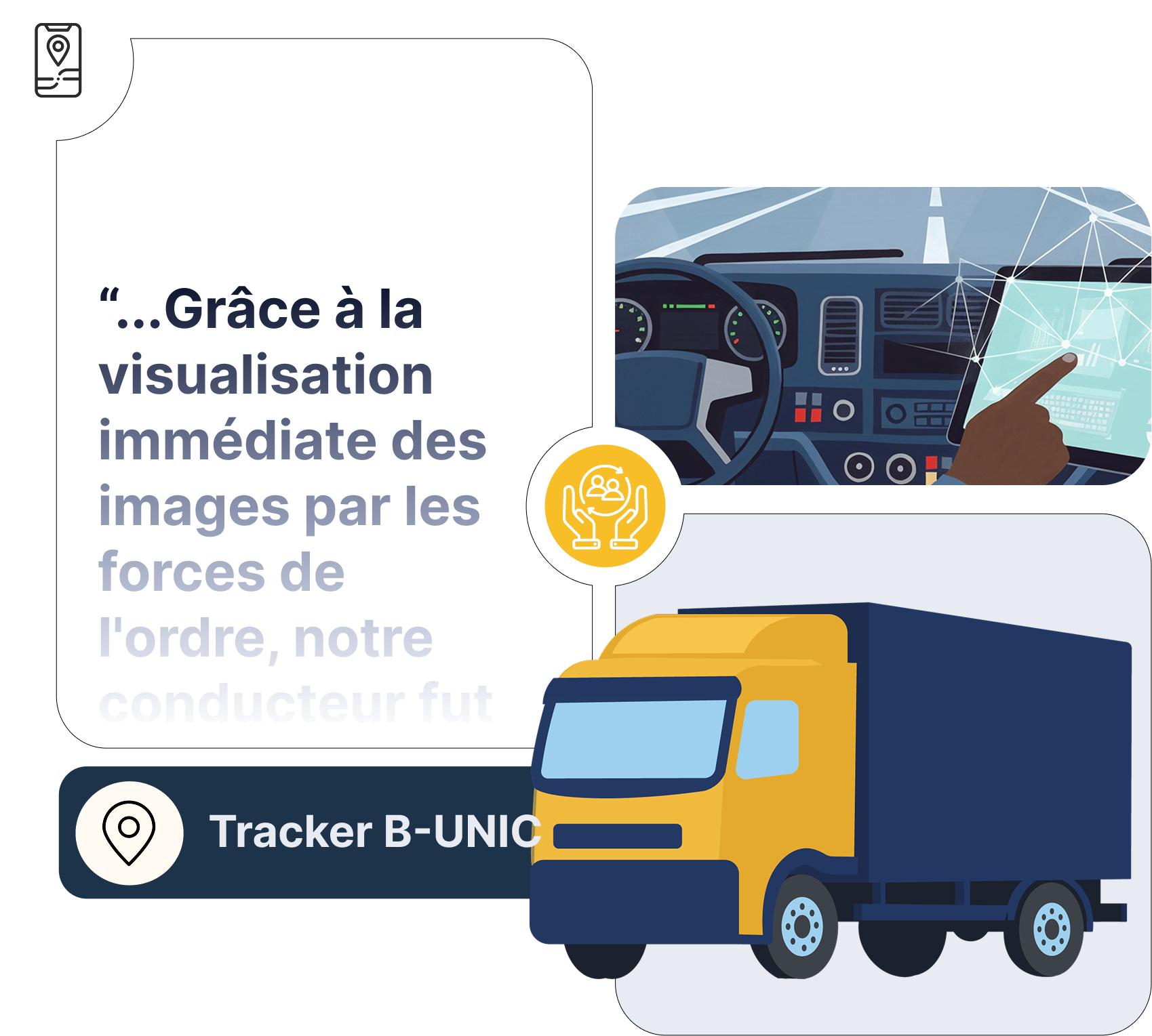 Illustration avec un camion, un tableau de bord et du texte