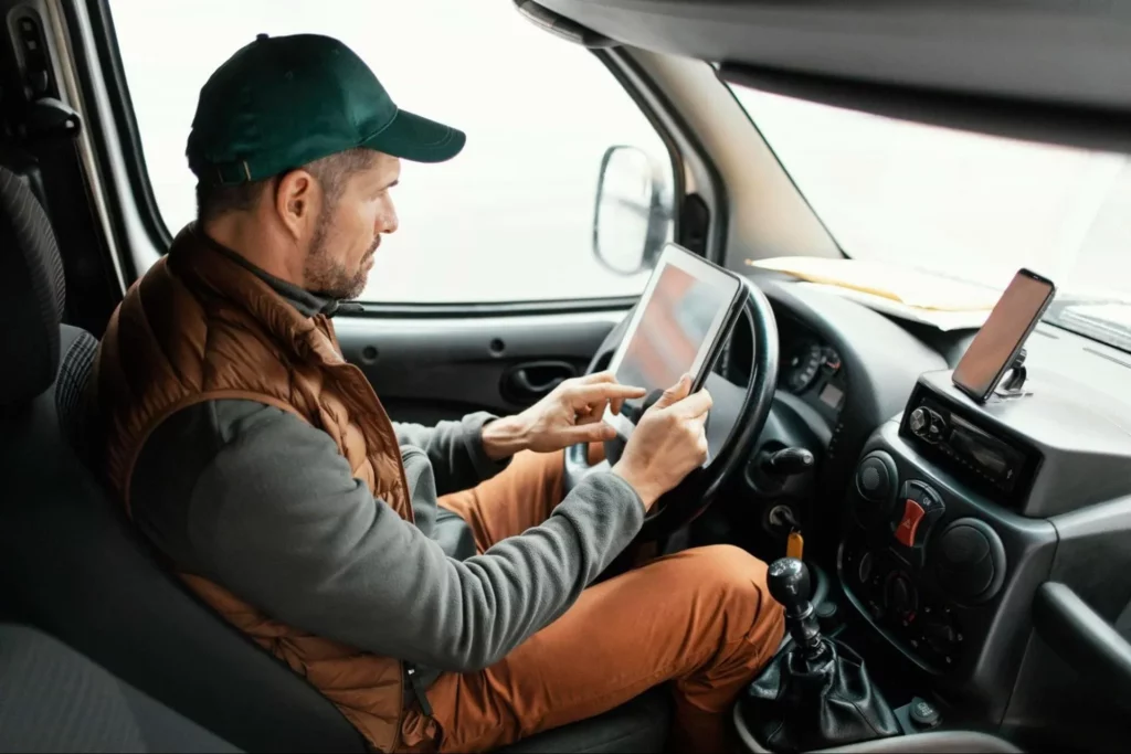 Chauffeur utilisant une tablette de télématique embarquée dans un véhicule utilitaire pour suivre et piloter l’activité en temps réel
