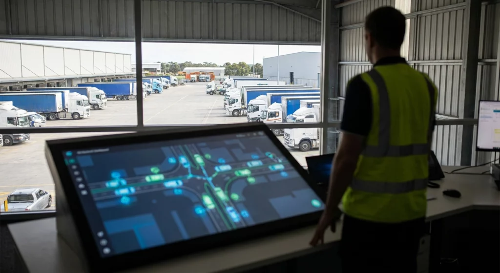 boîtier de coût traceur GPS flotte installé dans un centre logistique